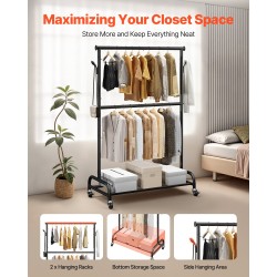 Vaateräkki hiiliterästä 2 ripustustankoa 1 hylly säädettävä korkeus pyörillä