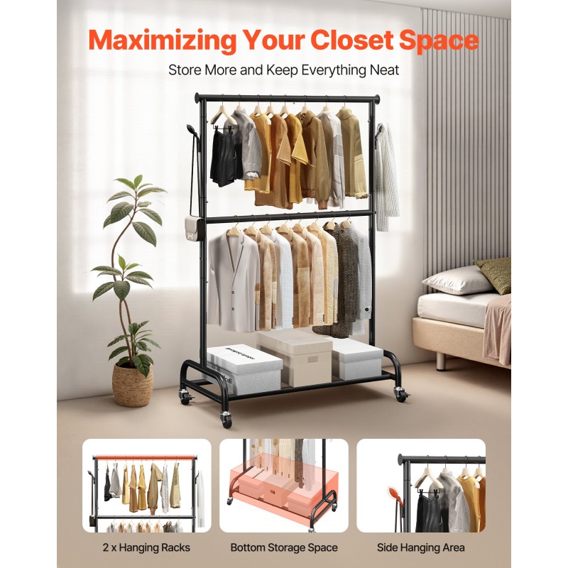 Vaateräkki hiiliterästä 2 ripustustankoa 1 hylly säädettävä korkeus pyörillä