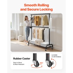 Vaateräkki hiiliterästä 2 ripustustankoa 1 hylly säädettävä korkeus pyörillä