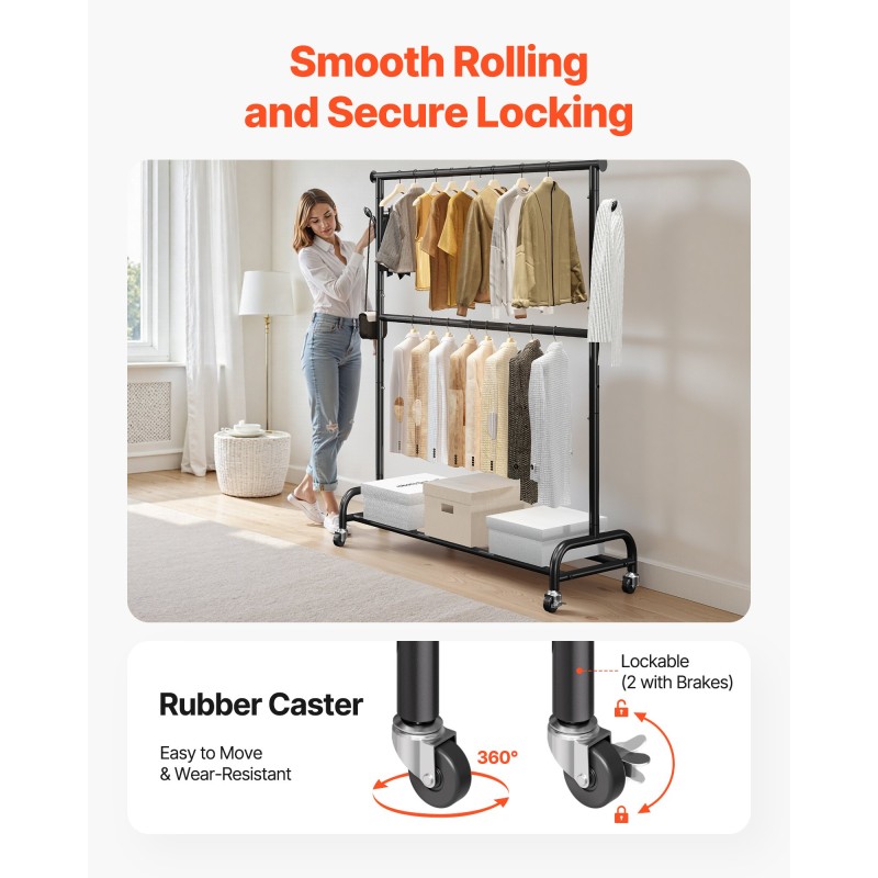 Vaateräkki hiiliterästä 2 ripustustankoa 1 hylly säädettävä korkeus pyörillä