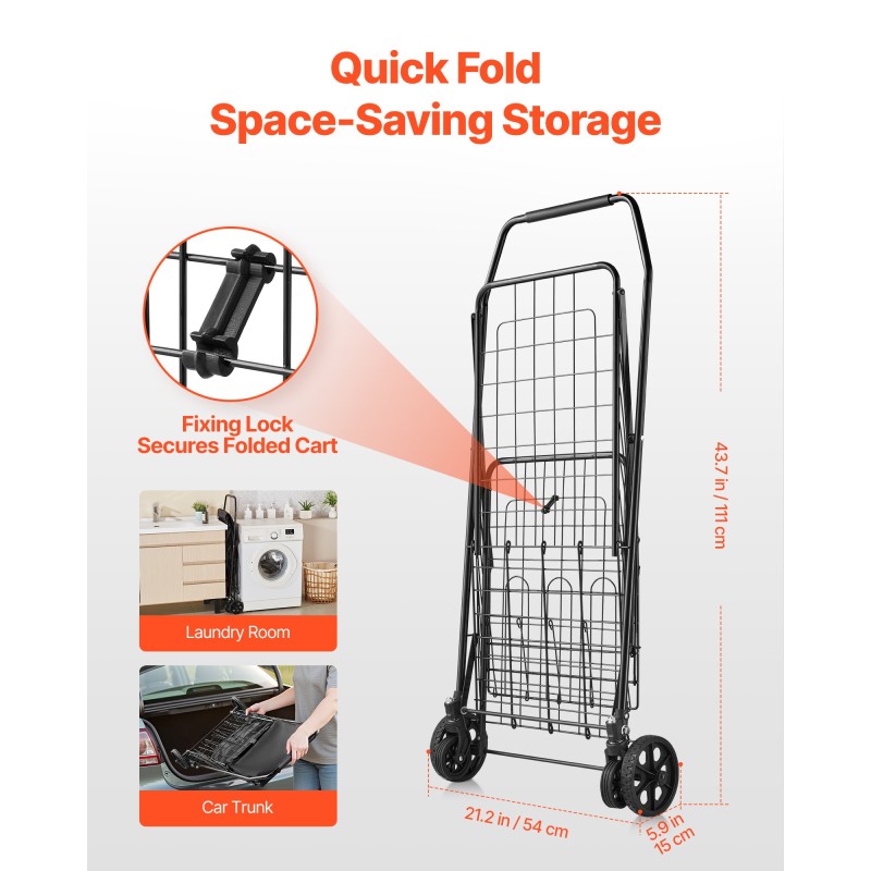 Taitettava kaksikorinen ostoskärry mustalla rautarungolla ja vedenpitävällä sisuksella