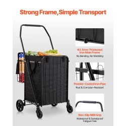 Taitettava kaksikorinen ostoskärry mustalla rautarungolla ja vedenpitävällä sisuksella