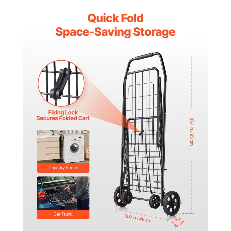 Ostos- ja kuljetuskärry rautarunkoinen taitettava 40,8 kg 39 l musta