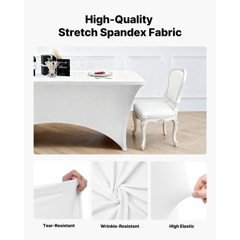 Pöytäliinasetti 6 kpl elastaania sisältävää joustavaa kangasta 8 jalan suorakulmaisille pöydille valkoinen