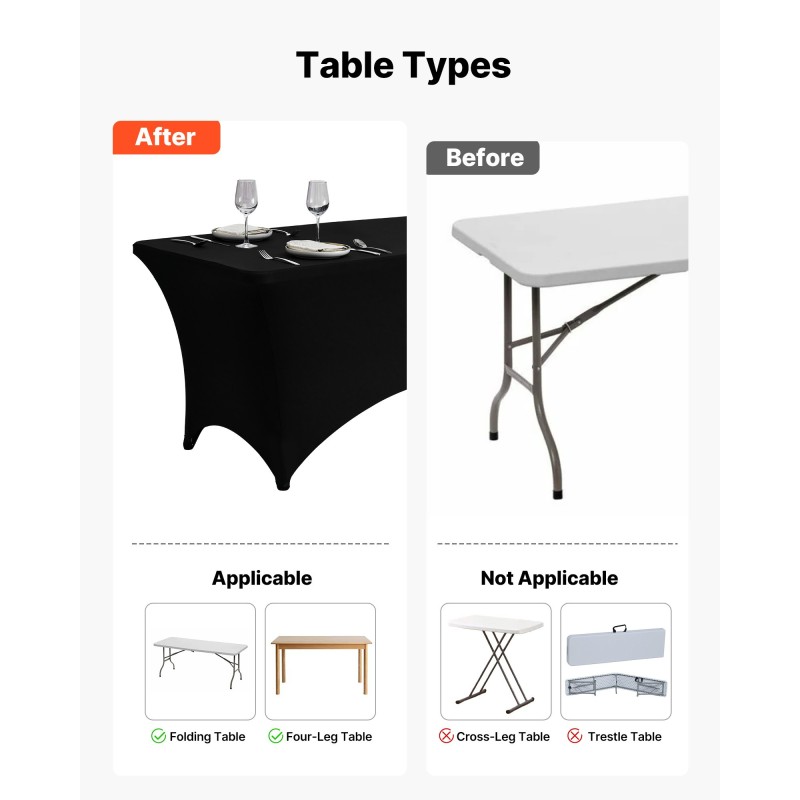 Pöytäliinasarja joustavasta elastaanikankaasta 6 kpl 8FT suorakaiteisille pöydille musta juhliin