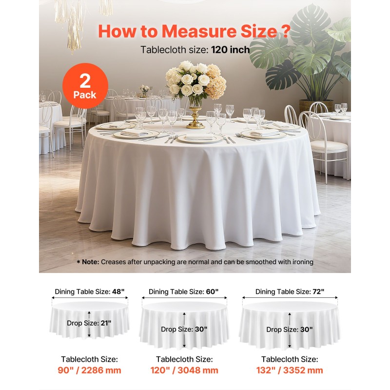 Pyöreä pöytäliina polyesterikankaasta halkaisijaltaan 3048 millimetriä 2 kappaletta valkoinen