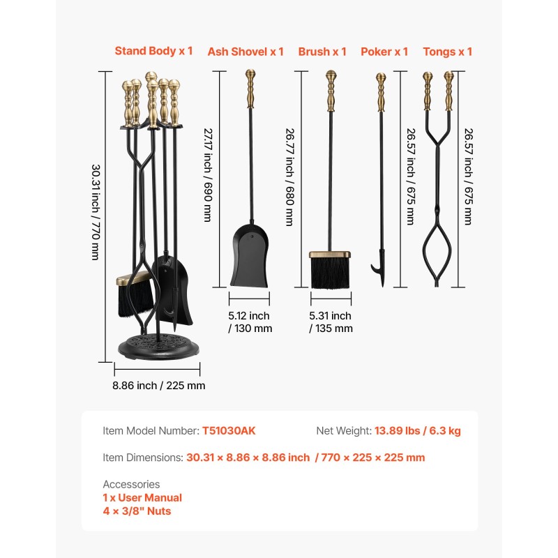 Takkatökalusarja 5-osainen taottua rautaa ja hiiliterästä mustalla jalustalla