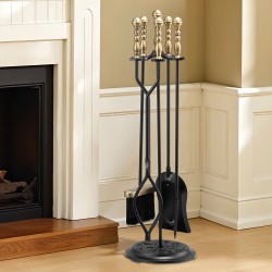 Takkatökalusarja 5-osainen taottua rautaa ja hiiliterästä mustalla jalustalla