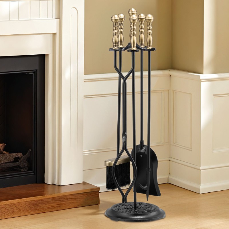 Takkatökalusarja 5-osainen taottua rautaa ja hiiliterästä mustalla jalustalla