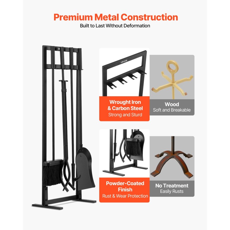 Takkavälinesetti 5-osainen taottua rautaa ja hiiliterästä jalustalla musta sisä- ja ulkokäyttöön