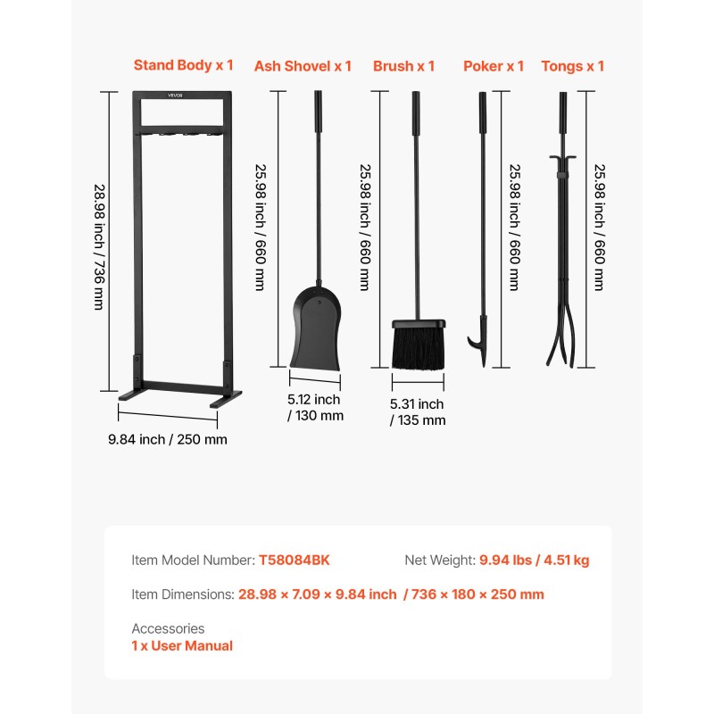 Takkavälinesetti 5-osainen taottua rautaa ja hiiliterästä jalustalla musta sisä- ja ulkokäyttöön