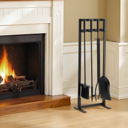 Takkavälinesetti 5-osainen taottua rautaa ja hiiliterästä jalustalla musta sisä- ja ulkokäyttöön