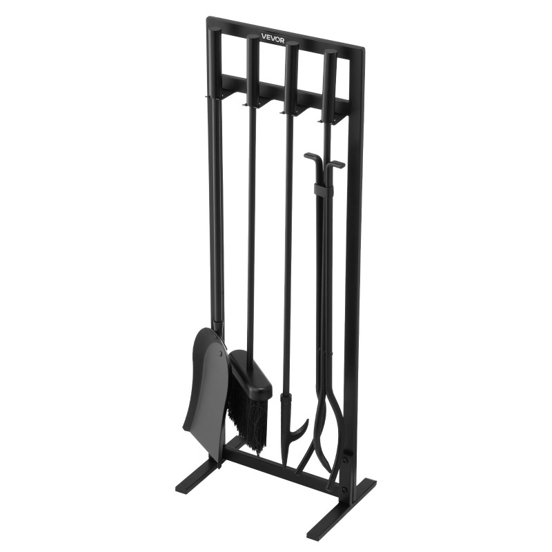 Takkavälinesetti 5-osainen taottua rautaa ja hiiliterästä jalustalla musta sisä- ja ulkokäyttöön