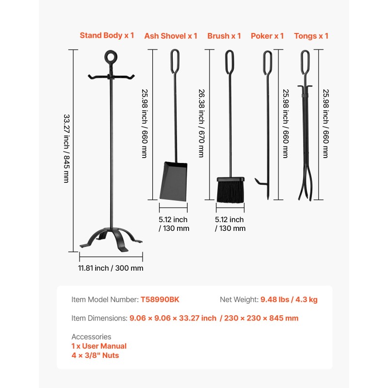 Takkatyökalusetti 5-osainen taotusta raudasta ja hiiliteräksestä sisä- ja ulkokäyttöön