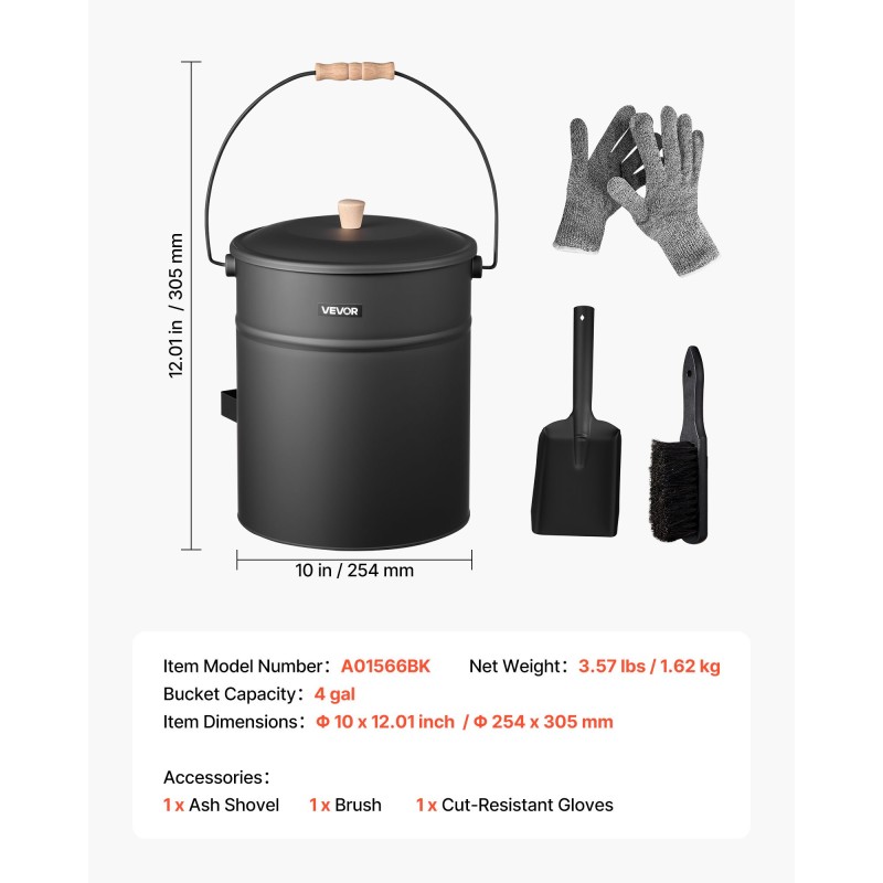 Tuhka-astia viidentoista litran hiiliteräsrakenteella kansi lapio harja käsineet