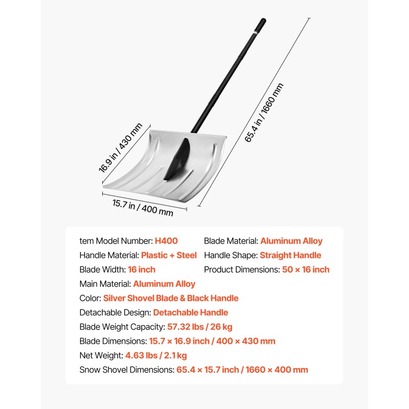 Lumilapio 40 cm leveä alumiiniterä irrotettava teräsvarsi PVC kahva ajoteille