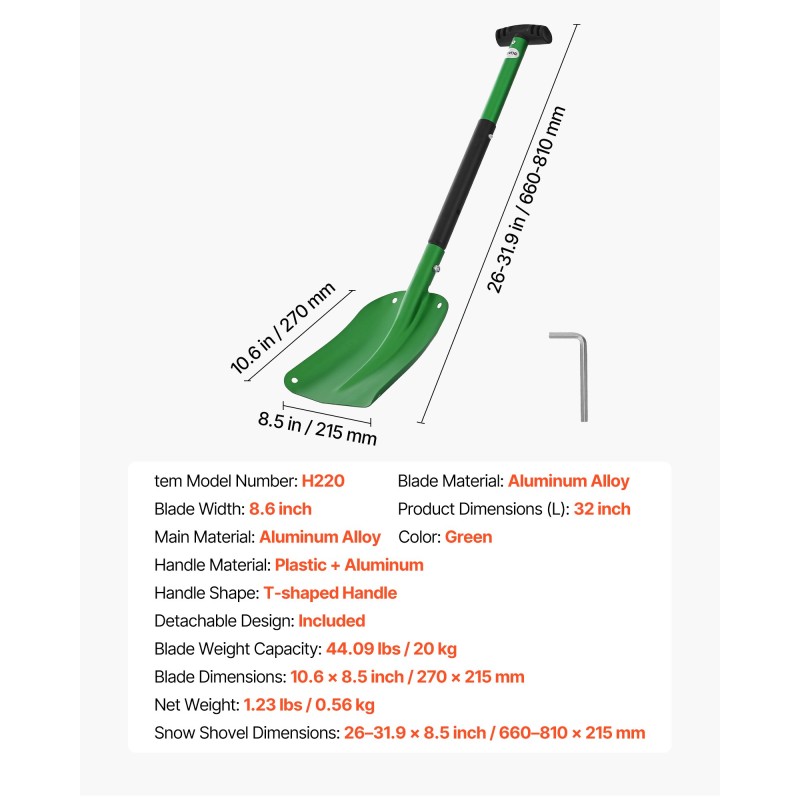 Lumilapio alumiiniseoslapa säädettävä teleskooppivarsi pituus 660–810 mm T-muotoinen kahva vihreä