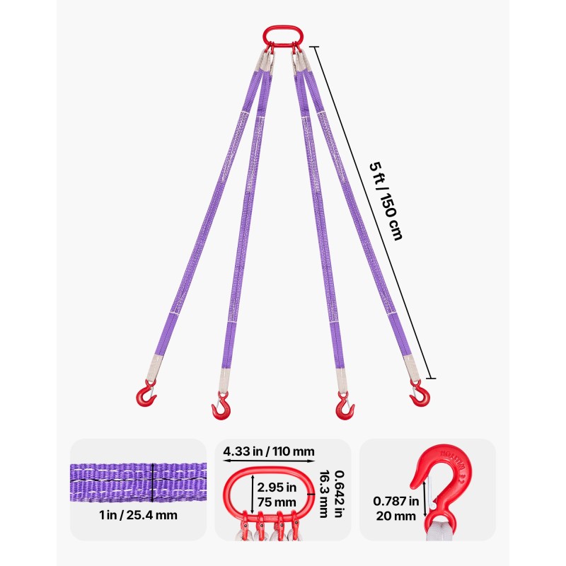 Neljän haaran polyesterinostoliina kolmen tonnin enimmäistyökuorma teräsrenkaalla koukuilla turvasalvoilla