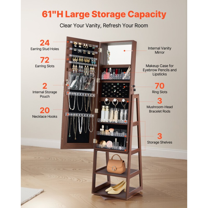 Korukaappi MDF lasi sametti 360 asteen kääntyvä kokopeilillä lukittava 1550 mm