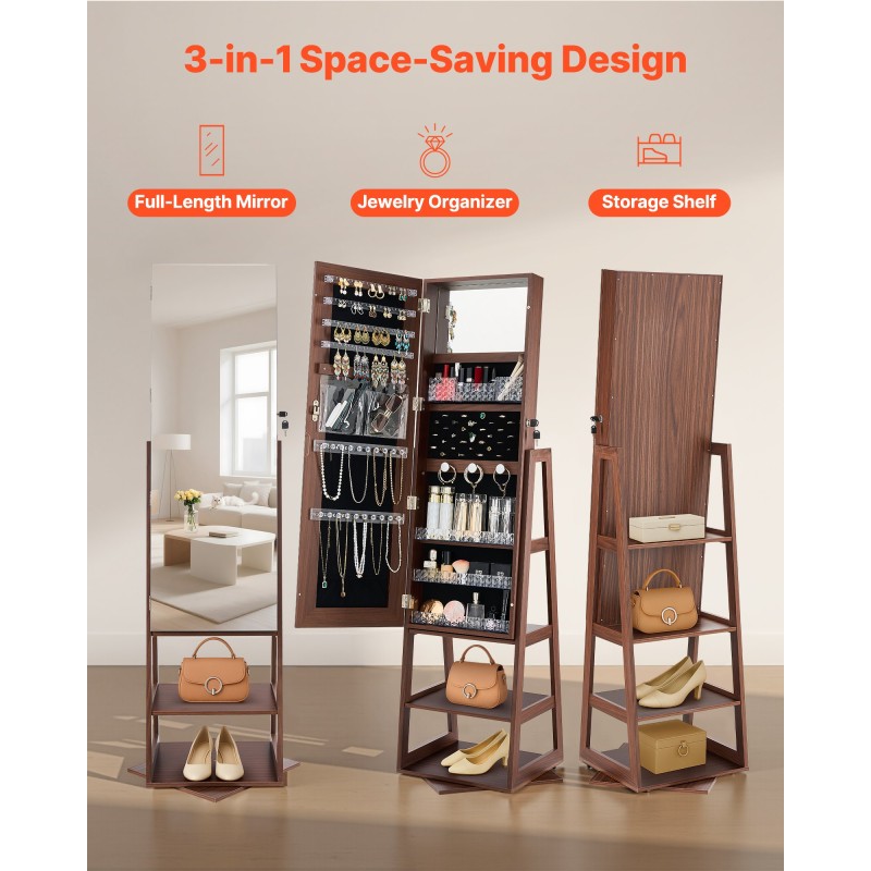 Korukaappi MDF lasi sametti 360 asteen kääntyvä kokopeilillä lukittava 1550 mm