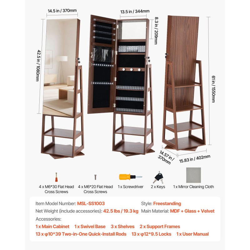 Korukaappi MDF lasi sametti 360 asteen kääntyvä kokopeilillä lukittava 1550 mm