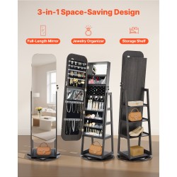 360 asteen kääntyvä korukaappi täyspitkällä peilillä MDF sametti lukittava ovi 160 cm