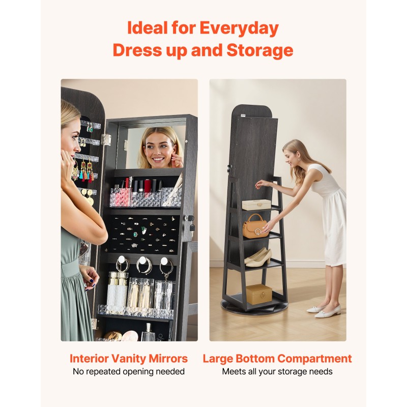 360 asteen kääntyvä korukaappi täyspitkällä peilillä MDF sametti lukittava ovi 160 cm