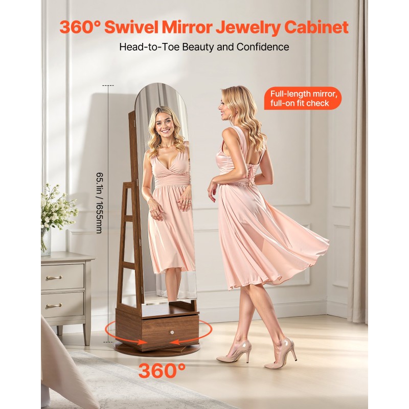 Korukaappi 360 asteen kääntyvä vapaasti seisova lasipeili samettivuori 1655 mm