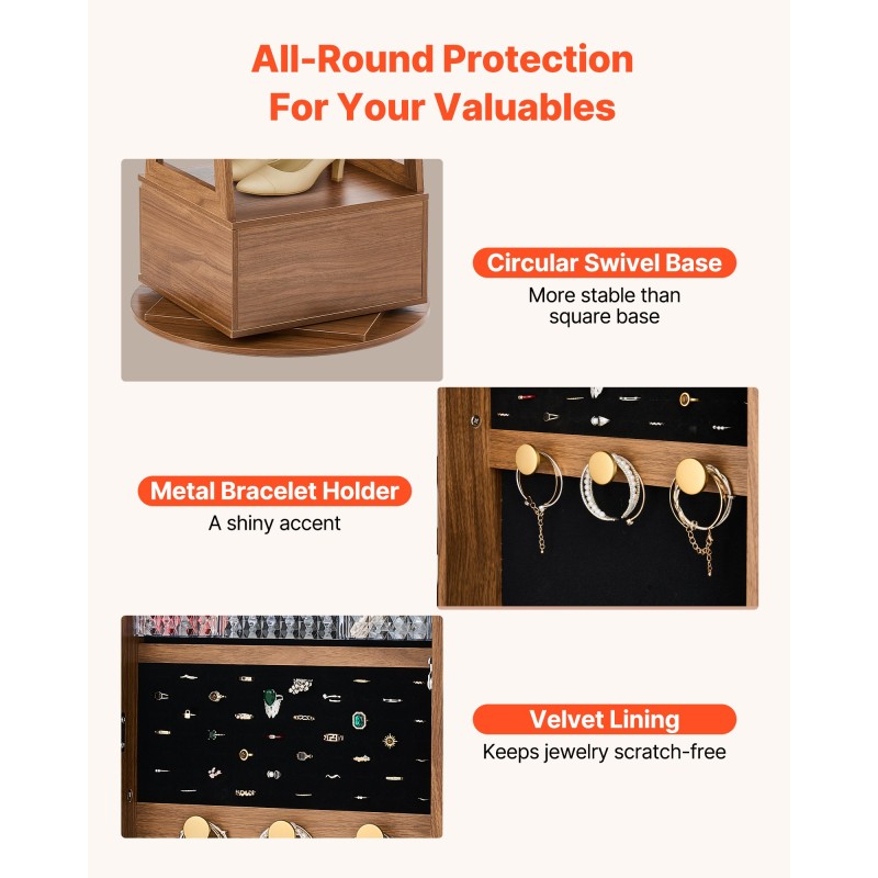 Korukaappi 360 asteen kääntyvä vapaasti seisova lasipeili samettivuori 1655 mm