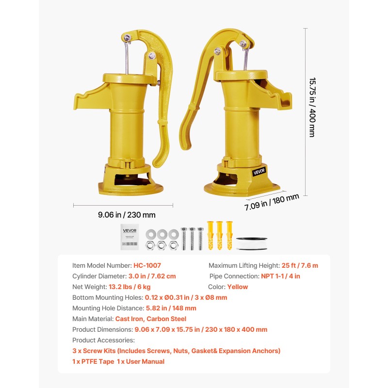 Käsikäyttöinen kaivopumppu valurauta hiiliteräs 7,6 metrin nostokorkeus ergonominen kahva ulkokäyttöön