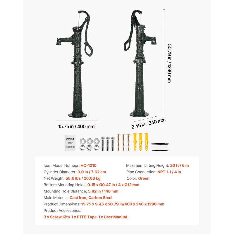 Käsikäyttöinen vesipumppu valurauta ja hiiliteräs 6 m nostokorkeus ulkokäyttöön