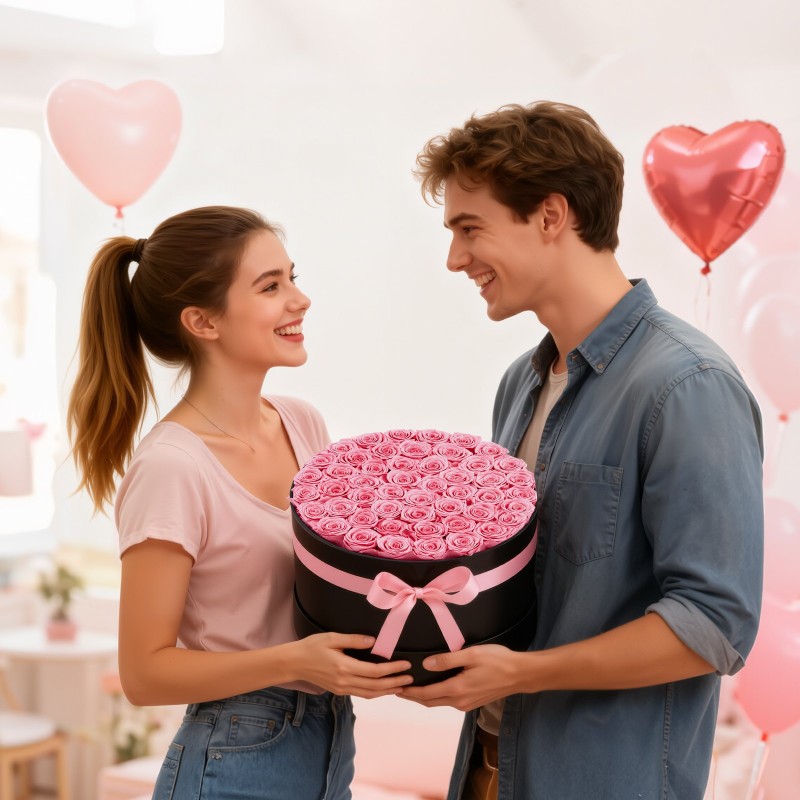 Säilötyt aidot ruusut 50 kpl pyöreässä lahjarasiassa vaaleanpunaisina