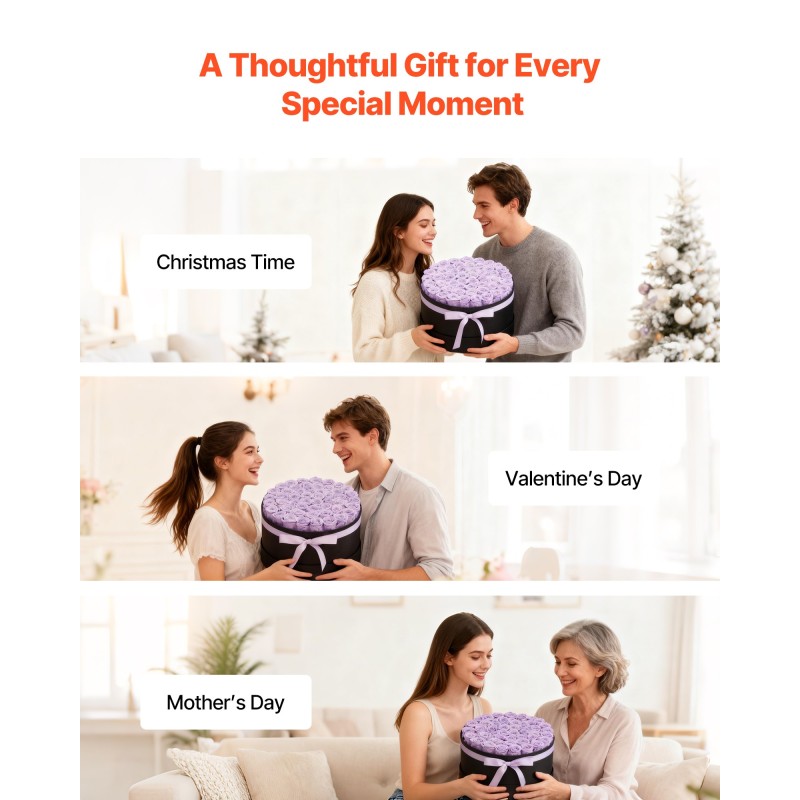 Säilötyt aidot ruusut 50 kpl pehmeän violetti pyöreä lahjarasia