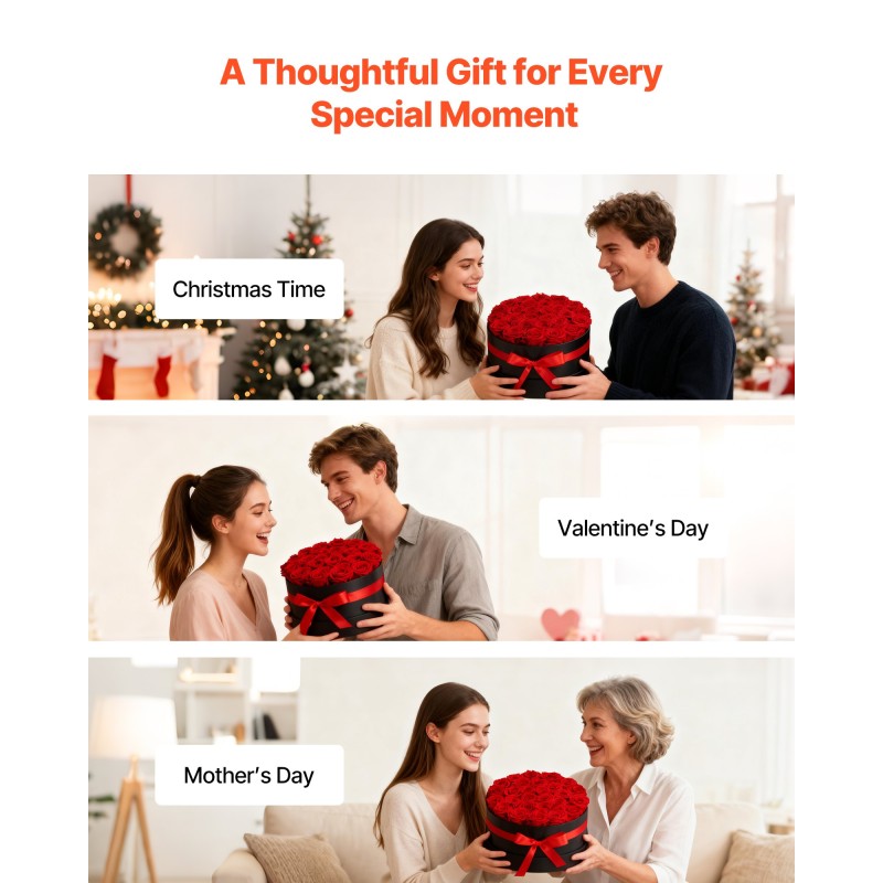 Säilötyt aidot ruusut pyöreässä lahjapakkauksessa 27 kpl kirkkaanpunaiset