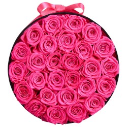 Säilötyt ruusut 27 kappaletta pyöreässä kartonkilaatikossa ruusunpunainen lahjarasia