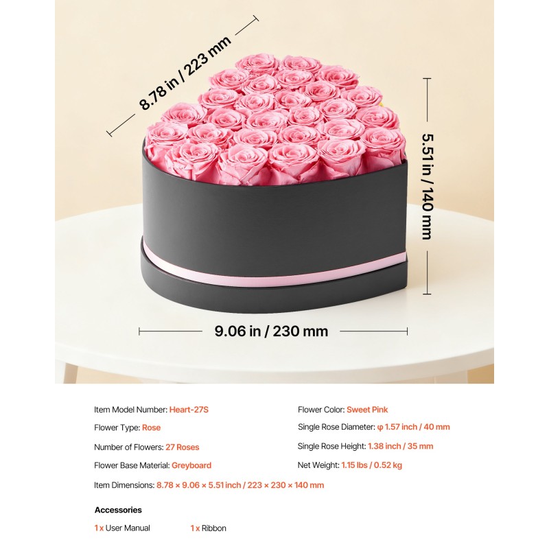 Sydämenmuotoinen pahvilaatikko 27 säilöttyä vaaleanpunaista ruusua