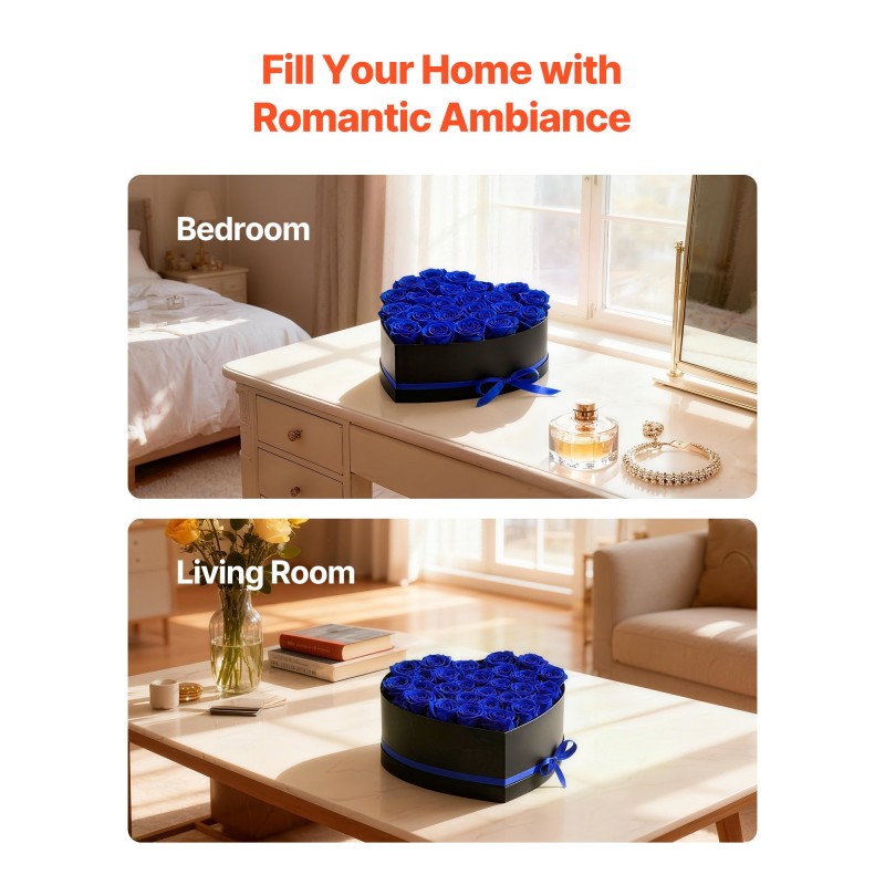 Sydämenmuotoinen kartonkinen lahjarasia 27 säilöttyä kuninkaansinistä ruusua