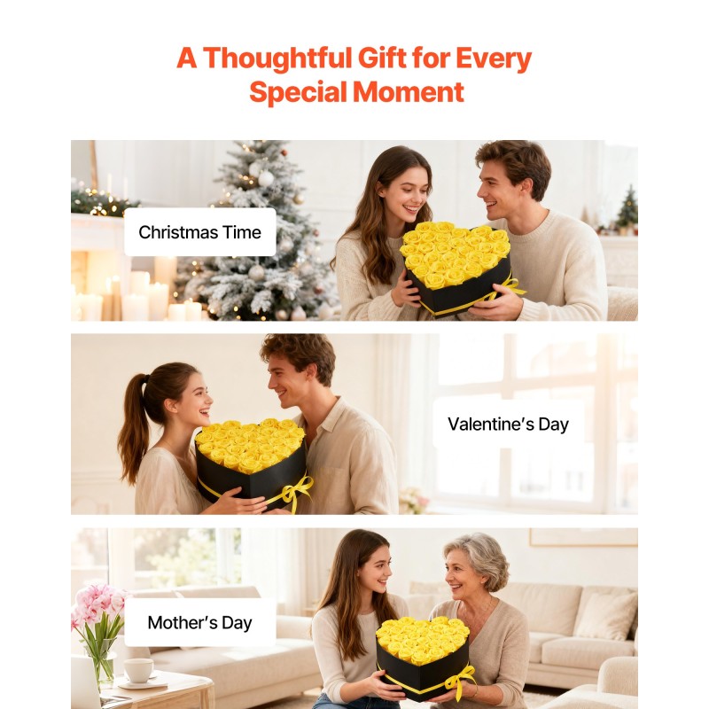 Sydämenmuotoinen pahvirasia 27 säilöttyä keltaista ruusua lahjaksi