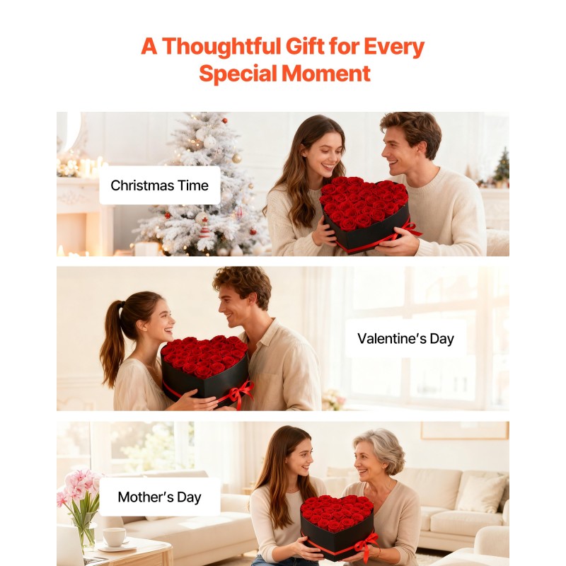 Säilötyt ruusut kaksikymmentäseitsemän kappaletta sydämenmuotoisessa kartonkirasiassa kirkkaanpunainen