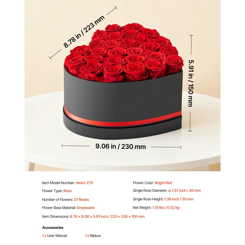 Säilötyt ruusut kaksikymmentäseitsemän kappaletta sydämenmuotoisessa kartonkirasiassa kirkkaanpunainen