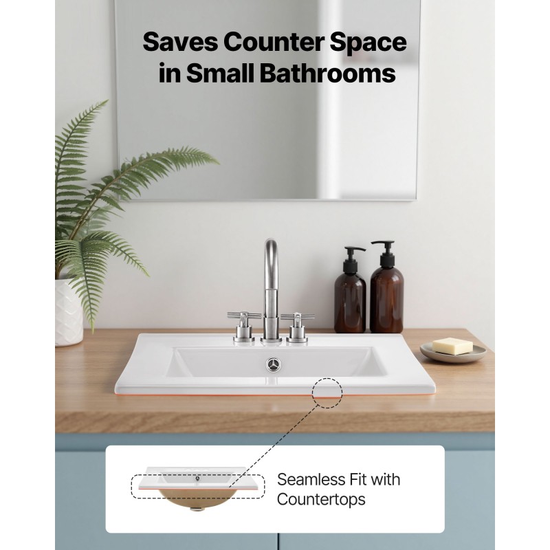 Keraaminen puolitasoon upotettava pesuallas 510 x 465 mm valkoinen kolmella hanareiällä