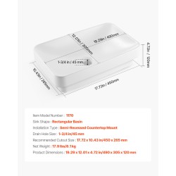 Puoloupotettava keraaminen pesuallas suorakaiteen muotoinen 490x305x120 mm valkoinen