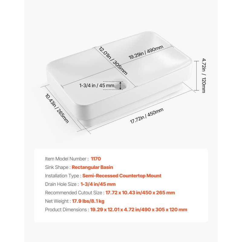 Puoloupotettava keraaminen pesuallas suorakaiteen muotoinen 490x305x120 mm valkoinen