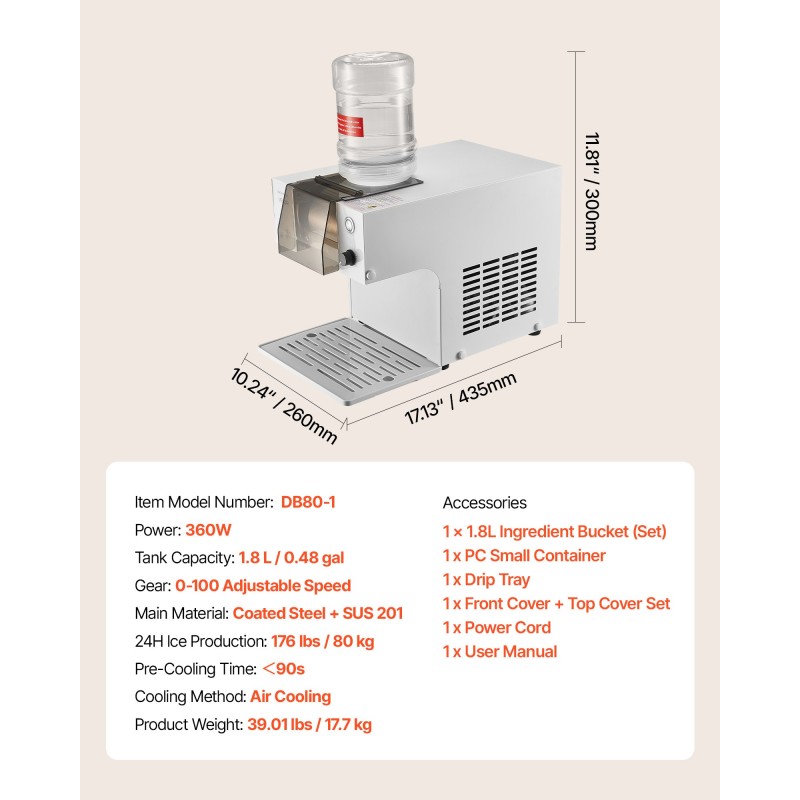Lumihiutalejäälaite ruostumatonta terästä 80 kg vuorokaudessa 1,8 L säiliö kotikäyttöön