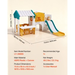 Taaperoiden leikkimökki HDPE-muovi 1+ sisä ja ulkokäyttöön liukumäellä ja koripallokorilla