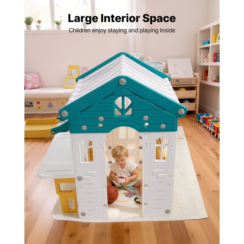 Taaperoiden leikkimökki HDPE-muovi 1+ sisä ja ulkokäyttöön liukumäellä ja koripallokorilla