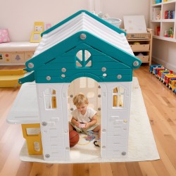 Taaperoiden leikkimökki HDPE-muovi 1+ sisä ja ulkokäyttöön liukumäellä ja koripallokorilla