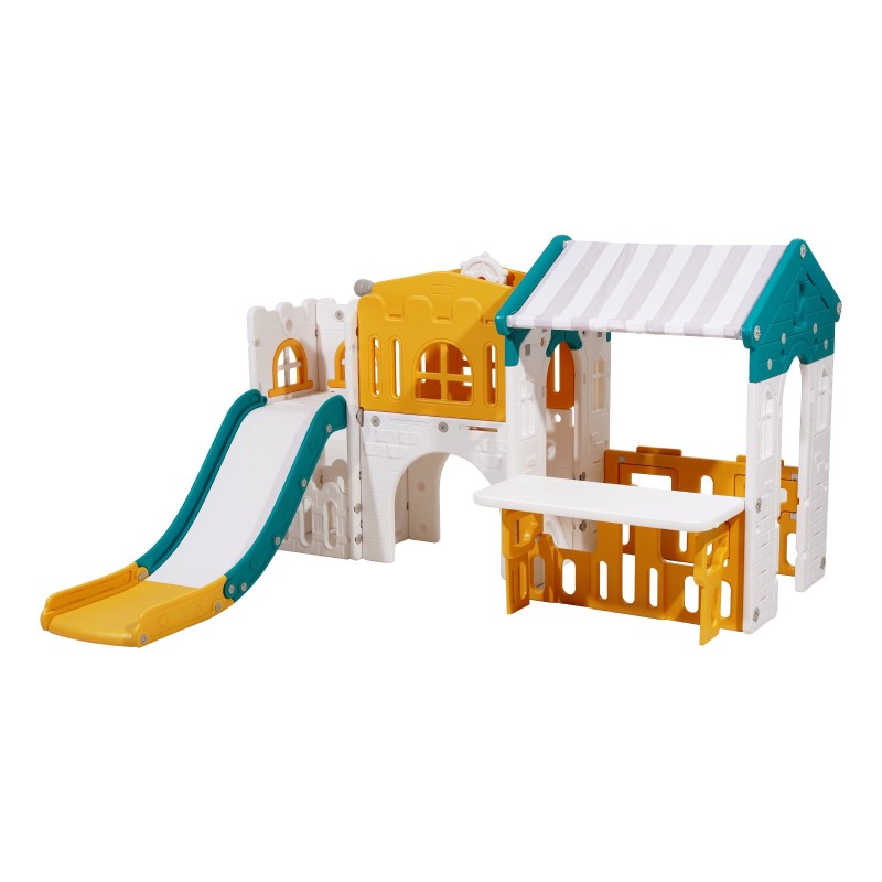 Taaperoiden leikkimökki HDPE-muovi 1+ sisä ja ulkokäyttöön liukumäellä ja koripallokorilla