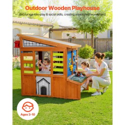 Leikkimökki setripuuinen ulkokäyttöön 3–10-vuotiaille elektronisella ovikellolla ja työpöydällä