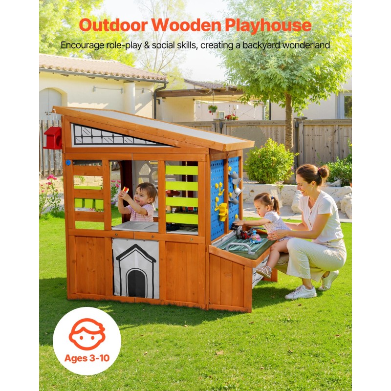 Leikkimökki setripuuinen ulkokäyttöön 3–10-vuotiaille elektronisella ovikellolla ja työpöydällä